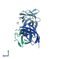 PDB entry 3mqi coloured by chain, side view.