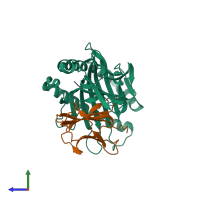 PDB entry 3mre coloured by chain, side view.