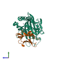 PDB entry 3mrg coloured by chain, side view.