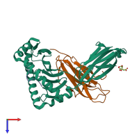 PDB entry 3mrg coloured by chain, top view.