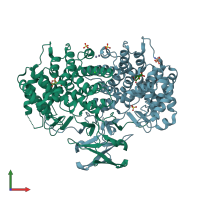 PDB entry 3msu coloured by chain, front view.