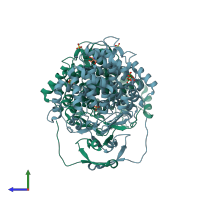 PDB entry 3msu coloured by chain, side view.