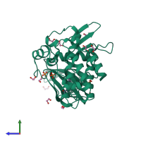 Monomeric assembly 1 of PDB entry 3mtf coloured by chemically distinct molecules, side view.