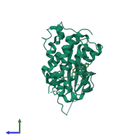 PDB entry 3mtl coloured by chain, side view.