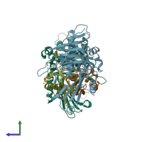 PDB entry 3mtn coloured by chain, side view.