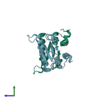 PDB entry 3mtq coloured by chain, side view.