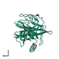 PDB entry 3mu1 coloured by chain, side view.