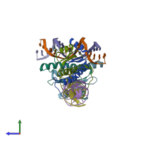 PDB entry 3mu6 coloured by chain, side view.