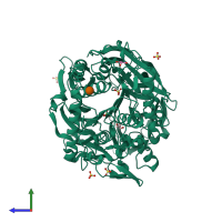 PDB entry 3mun coloured by chain, side view.