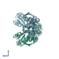 PDB entry 3muq coloured by chain, side view.