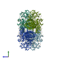 PDB entry 3muy coloured by chain, side view.