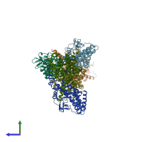 PDB entry 3mv2 coloured by chain, side view.