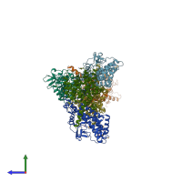 PDB entry 3mv3 coloured by chain, side view.