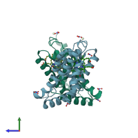 PDB entry 3mvc coloured by chain, side view.