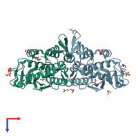 PDB entry 3mvg coloured by chain, top view.