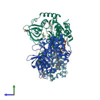 PDB entry 3mvj coloured by chain, side view.