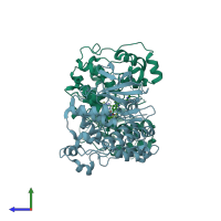 PDB entry 3mvl coloured by chain, side view.