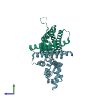 PDB entry 3mvp coloured by chain, side view.