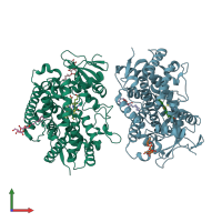PDB entry 3mvr coloured by chain, front view.