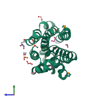PDB entry 3mvu coloured by chain, side view.