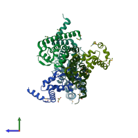 PDB entry 3mw6 coloured by chain, side view.