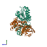 PDB entry 3mwe coloured by chain, side view.