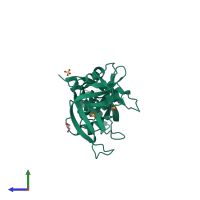 PDB entry 3mwr coloured by chain, side view.