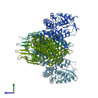 PDB entry 3mxl coloured by chain, side view.