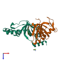 PDB entry 3mxn coloured by chain, top view.