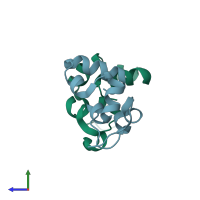 PDB entry 3mya coloured by chain, side view.