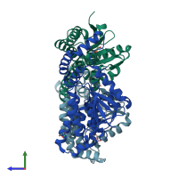 PDB entry 3myb coloured by chain, side view.