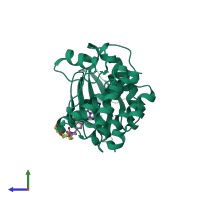 PDB entry 3myg coloured by chain, side view.