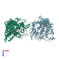 PDB entry 3myv coloured by chain, top view.