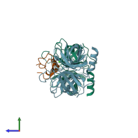 PDB entry 3myw coloured by chain, side view.