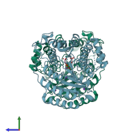 PDB entry 3mz4 coloured by chain, side view.