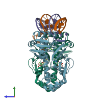 PDB entry 3mzh coloured by chain, side view.