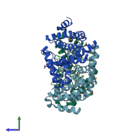 PDB entry 3mzo coloured by chain, side view.