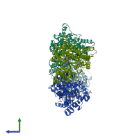 PDB entry 3mzs coloured by chain, side view.