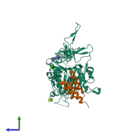 PDB entry 3mzw coloured by chain, side view.