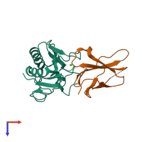 Hetero dimeric assembly 3 of PDB entry 3n1q coloured by chemically distinct molecules, top view.
