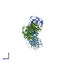 PDB entry 3ndm coloured by chain, side view.
