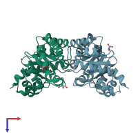 PDB entry 3ndo coloured by chain, top view.