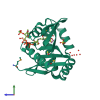 PDB entry 3ne7 coloured by chain, side view.