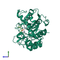 Monomeric assembly 1 of PDB entry 3neh coloured by chemically distinct molecules, side view.