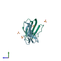 PDB entry 3neq coloured by chain, side view.