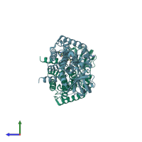 PDB entry 3nf4 coloured by chain, side view.