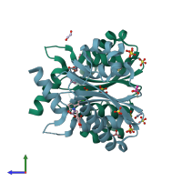 PDB entry 3nf9 coloured by chain, side view.