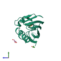 PDB entry 3ni8 coloured by chain, side view.