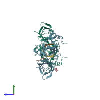 PDB entry 3nk4 coloured by chain, side view.