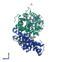 PDB entry 3nke coloured by chain, side view.